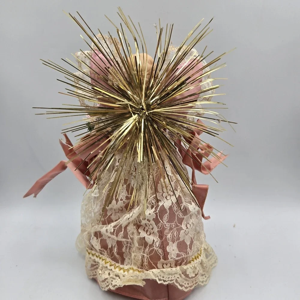 Vtg Midwest Importers Christmas Angel Tree Topper Pink Lace Porcelain Lights Up